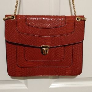 Faux Snakeskin Red Purse with Gold Chain Crossbody Bag